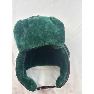 Danlois Brown Faux Leather Trapper Hat Green Faux Fur Aviator Cap Ear Flaps